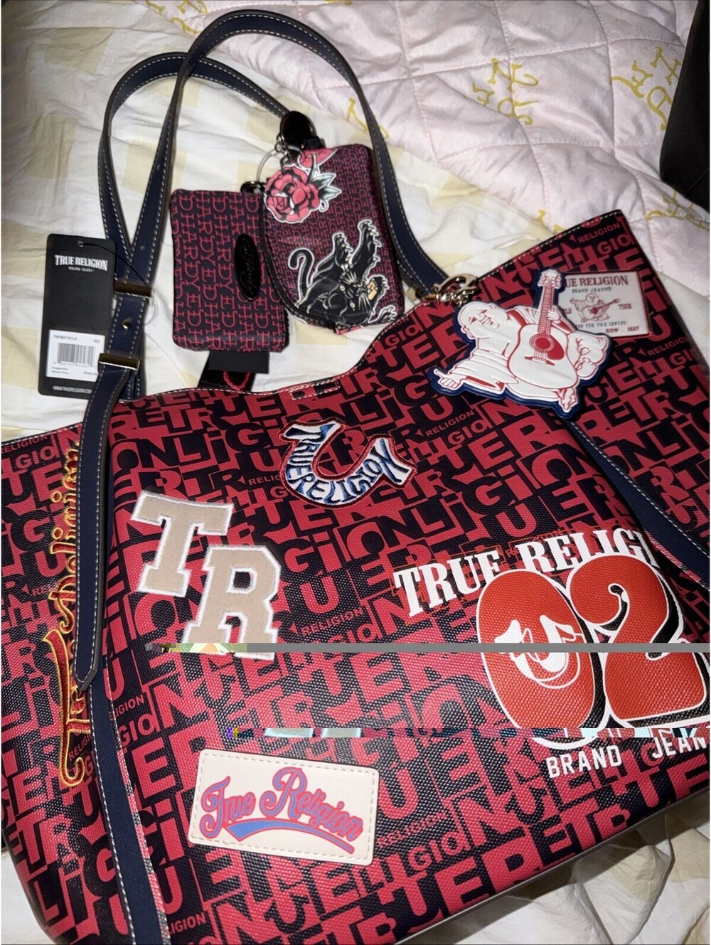True Religion RED Multi Patch Graphic Tote Bag + Coin Purse Bag Charm Wallet